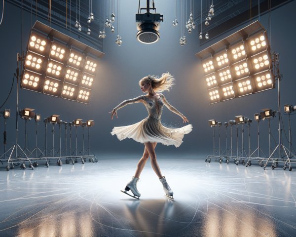 Graceful figure skater twirling on illuminated ice rink