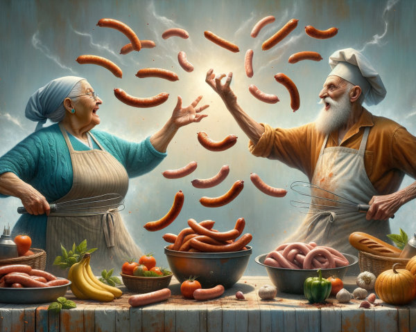 Elderly Couple Joyfully Cooking in a Vibrant Kitchen
