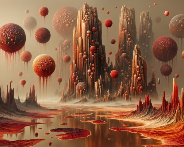 Surreal Alien Landscape with Rock Formations and Orbs
