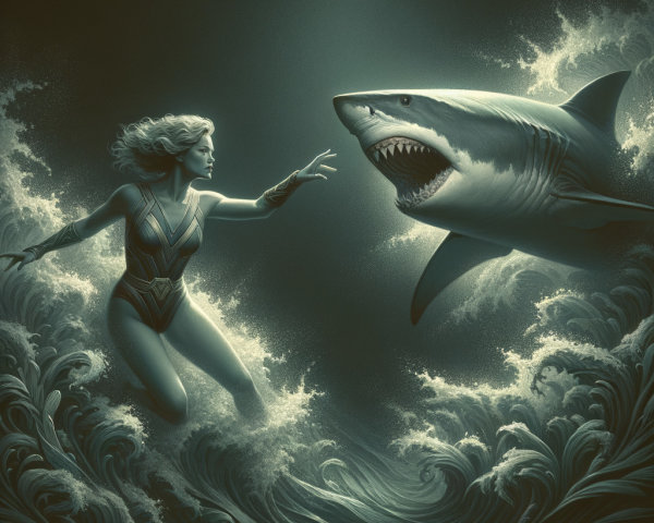 Female figure in golden outfit facing a shark in waves