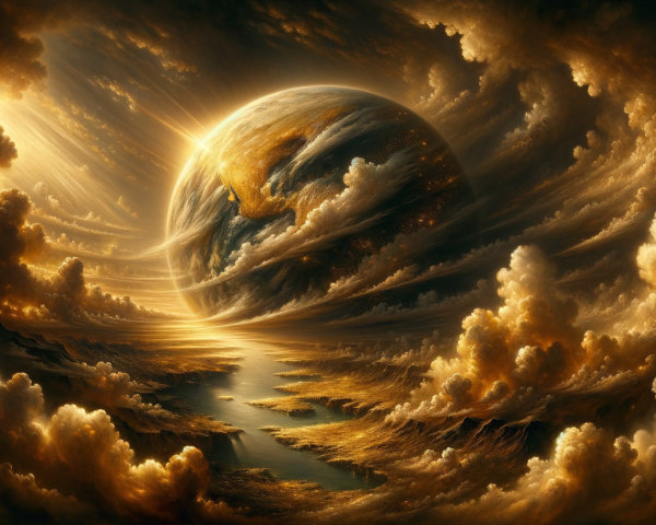 Luminous Planet in Surreal Cloud Landscape Scene