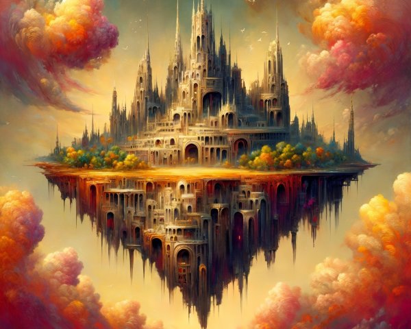 Majestic Floating Castle Above Serene Landscape
