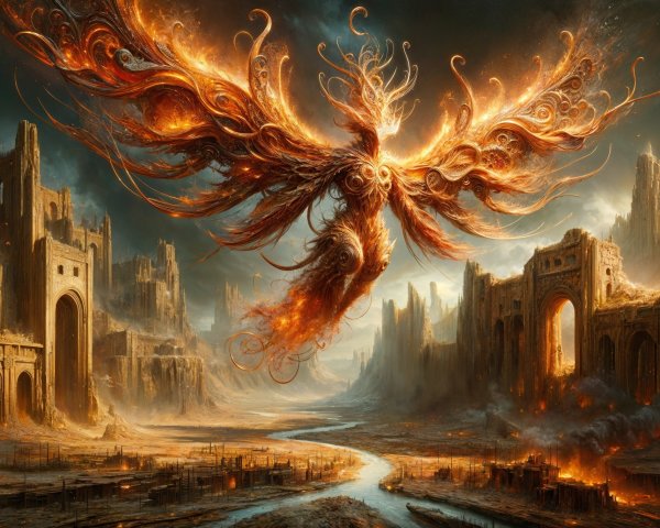 Phoenix Rising from Ashes in a Ruined Landscape