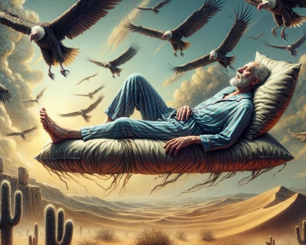 Elderly Man Floating on Pillow in Surreal Desert Scene