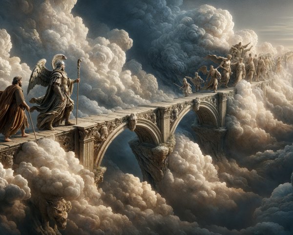 Majestic bridge in clouds with ethereal figures and light
