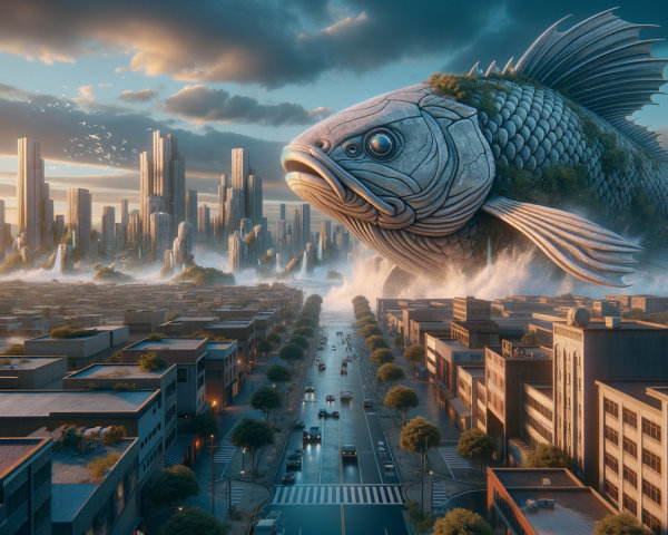 Colossal Fish Overlooks Futuristic Cityscape with Nature