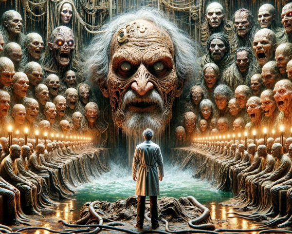 Dimly Lit Chamber with Grotesque Stone Faces