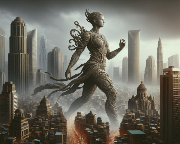 Colossal Humanoid Figure in Urban Cityscape