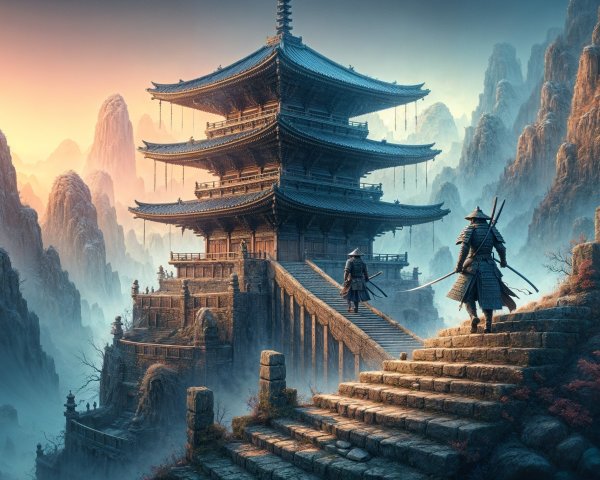 Serene Mountain Landscape with Pagoda and Autumn Foliage