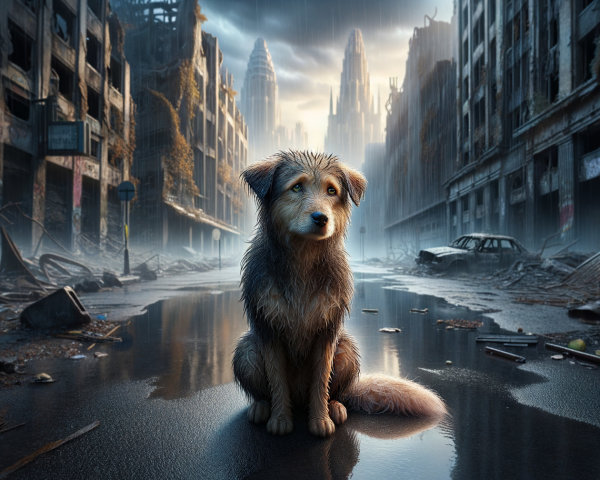 Scruffy Dog in Post-Apocalyptic Urban Landscape