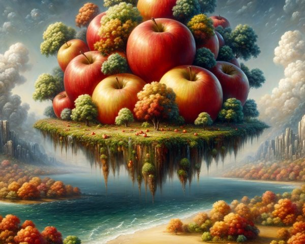 Surreal Landscape with Floating Island and Autumn Foliage
