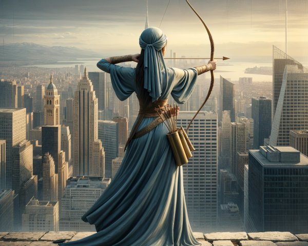 Figure with Bow on Skyscraper Overlooking Cityscape