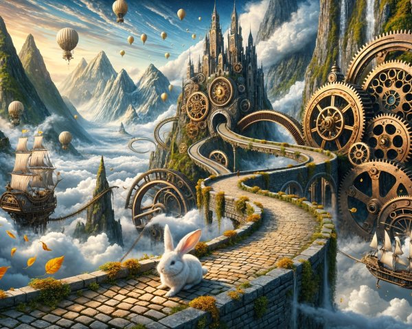 Whimsical Landscape with Rabbit and Floating Balloons