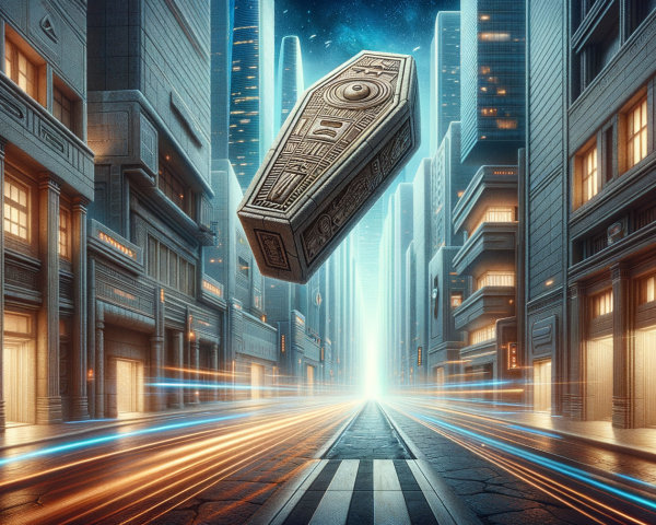 Futuristic Night Cityscape with Skyscrapers and Sarcophagus