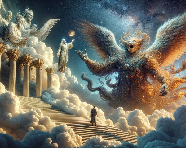 Celestial Scene with Winged Figures and Grand Pillars