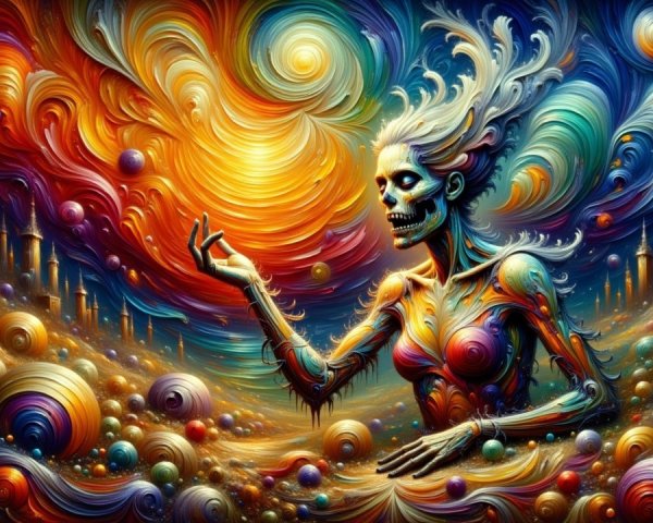 Vibrant Cosmic Scene with Skeletal Figure and Orbs
