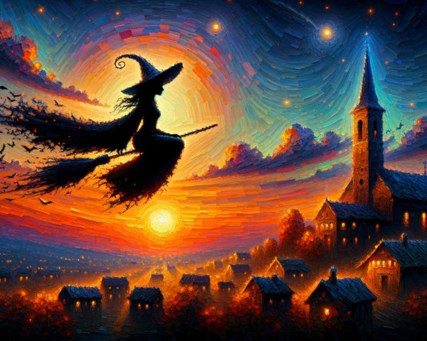 Witch Silhouette Flying Over a Vibrant Sunset Village