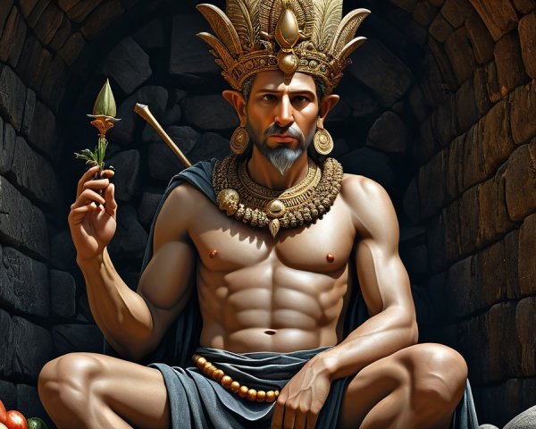 Muscular Figure on Stone Throne with Jewelry and Rose