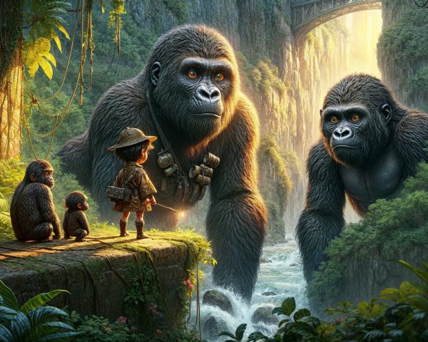 Child in Jungle Observes Majestic Gorillas and Waterfall