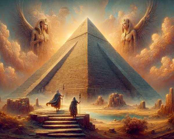 Majestic Pyramid Surrounded by Winged Figures and Light