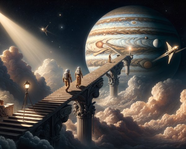 Astronauts Ascending Staircase Towards Jupiter and Moons