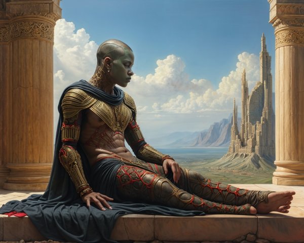 Majestic armored figure in grand architectural setting
