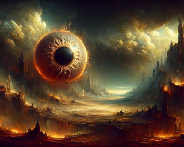 Dramatic Landscape with Jagged Mountains and Ominous Eye