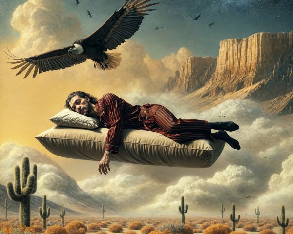 Surreal Scene of Man Floating Above Desert Landscape