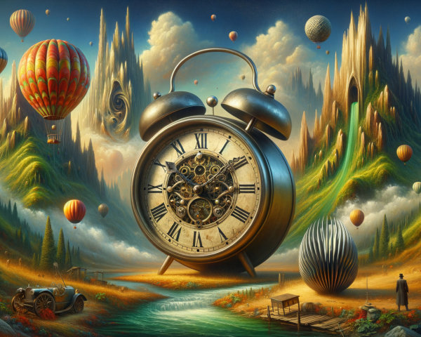 Surreal Landscape with Ornate Clock and Balloons