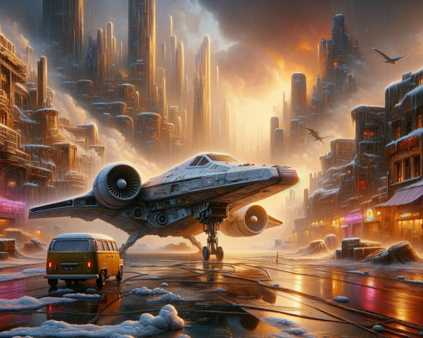 Futuristic cityscape with snow and sunset backdrop