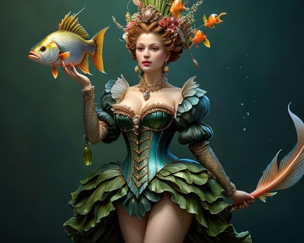 Fantastical Underwater Figure in Leaf-Inspired Gown