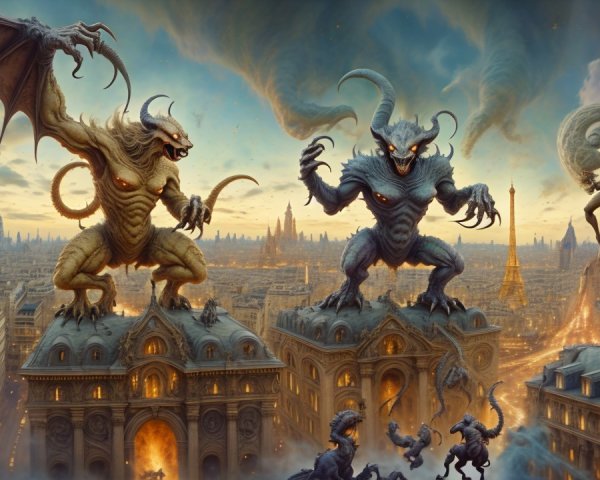 Surreal Cityscape with Monstrous Creatures and Sunset