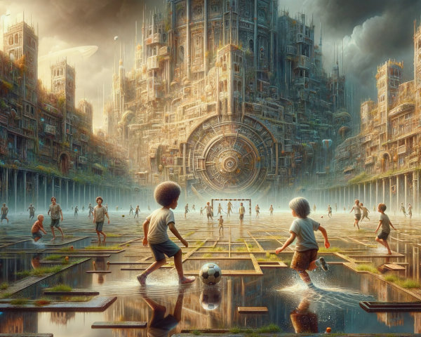 Futuristic cityscape with children playing soccer