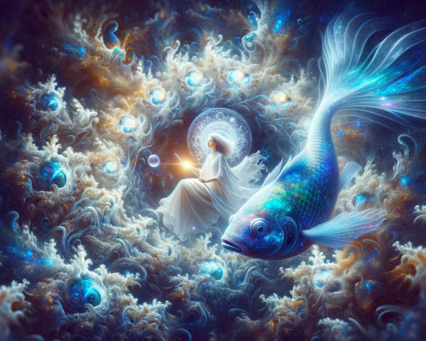 Cosmic Scene with Serene Figure and Glowing Book