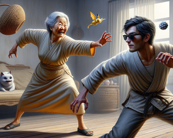 Elderly Woman and Young Man Play in Sunlit Room