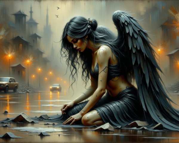 Sorrowful Woman with Dark Wings in Urban Decay