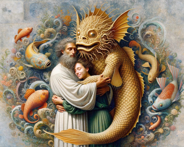 Whimsical scene of a wise figure, woman, and fish creature