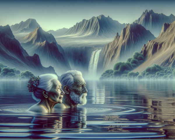 Elderly Couple in Tranquil Landscape with Waterfall