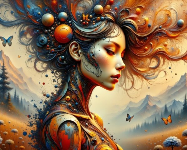 Female Figure in Cosmic Landscape with Butterflies