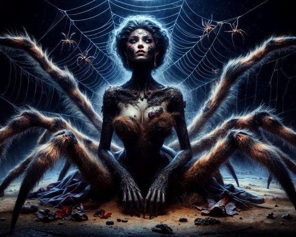 Hybrid Creature of Human and Spider Traits in Web