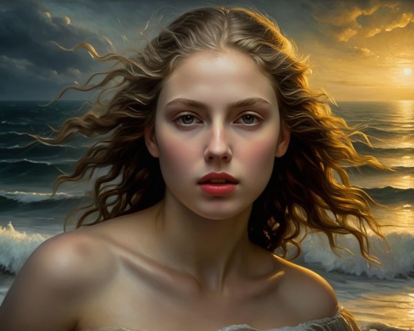 Young Woman Contemplating by Ocean at Sunset