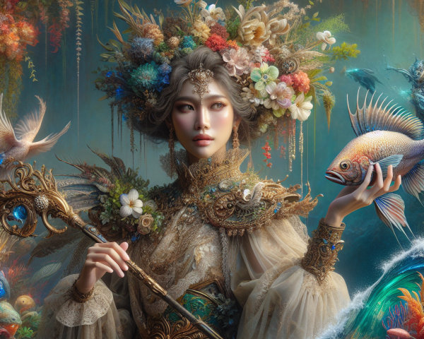 Elaborate Floral Headdress and Vibrant Fish in Scene