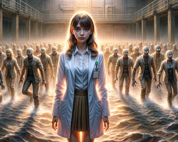 Young Woman in Lab Coat Amid Eerie Figures in Water