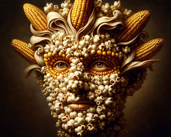 Surreal Human Face Adorned with Corn and Popcorn
