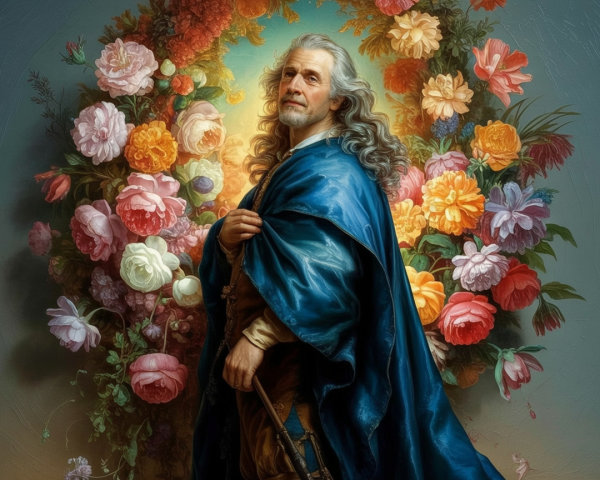 Noble Figure Surrounded by Vibrant Flowers