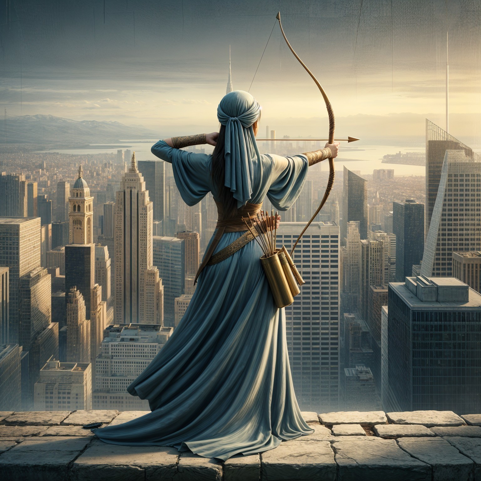Figure with Bow on Skyscraper Overlooking Cityscape