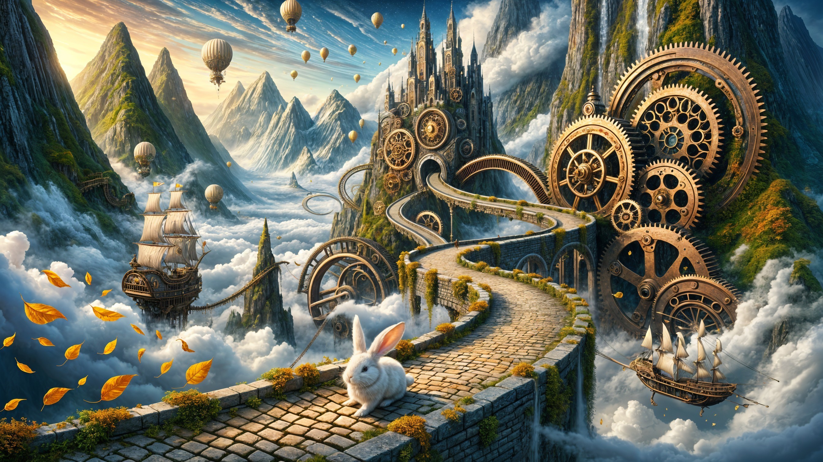 Whimsical Landscape with Rabbit and Floating Balloons