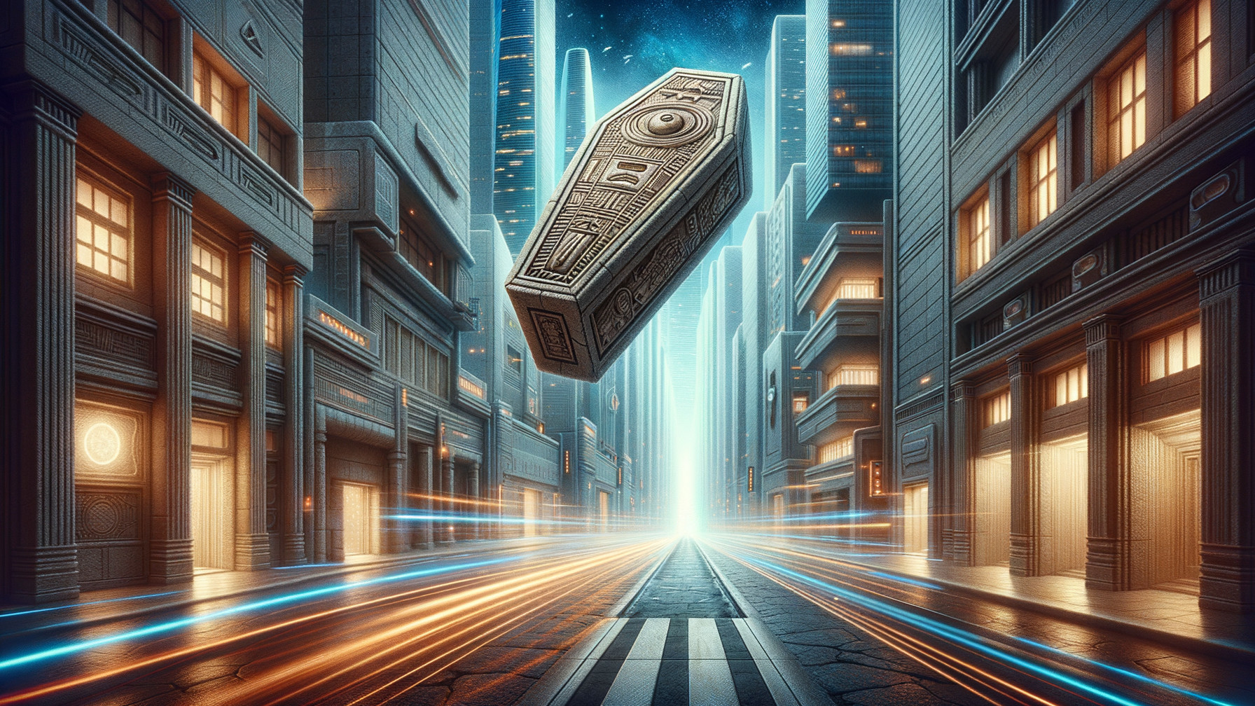 Futuristic Night Cityscape with Skyscrapers and Sarcophagus
