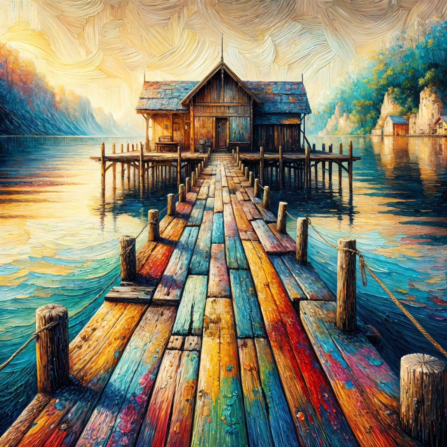 Colorful Wooden Pier and Rustic House Over Calm Waters
