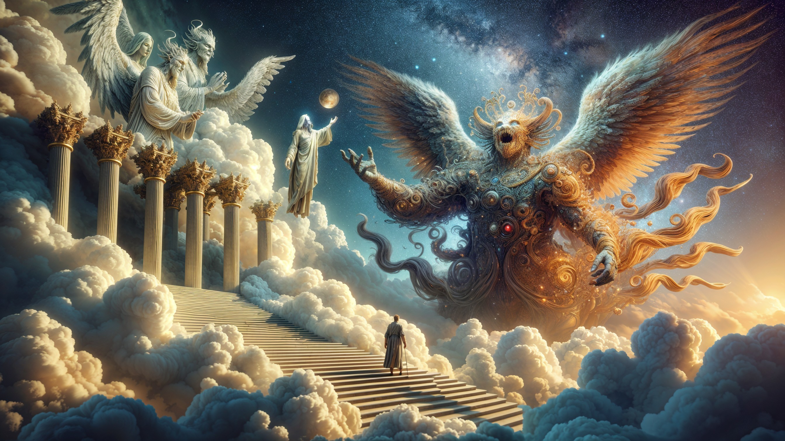 Celestial Scene with Winged Figures and Grand Pillars